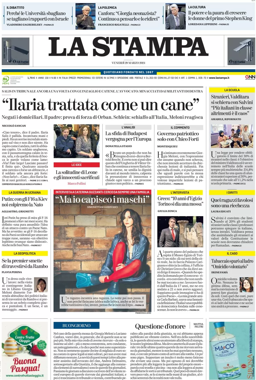 anteprima della prima pagina di la-stampa del 29/03/2024