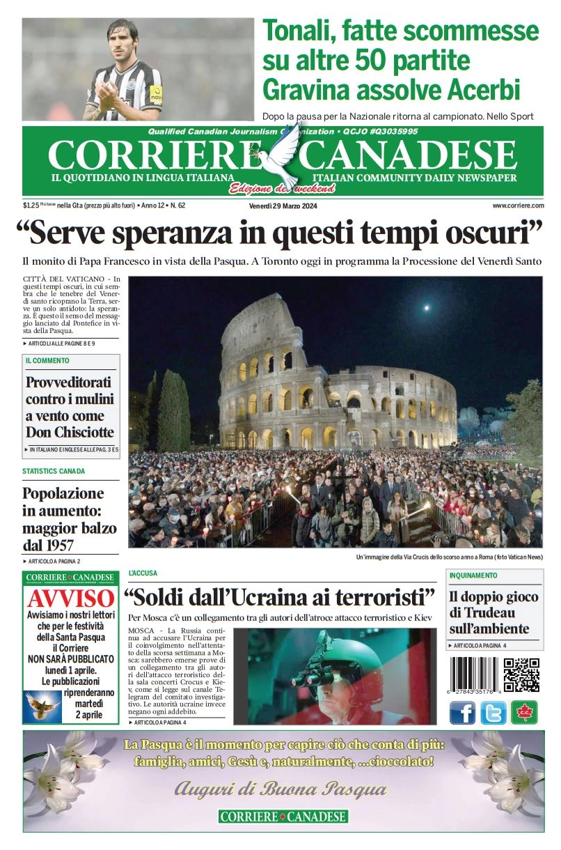 anteprima della prima pagina di corriere-canadese del 29/03/2024