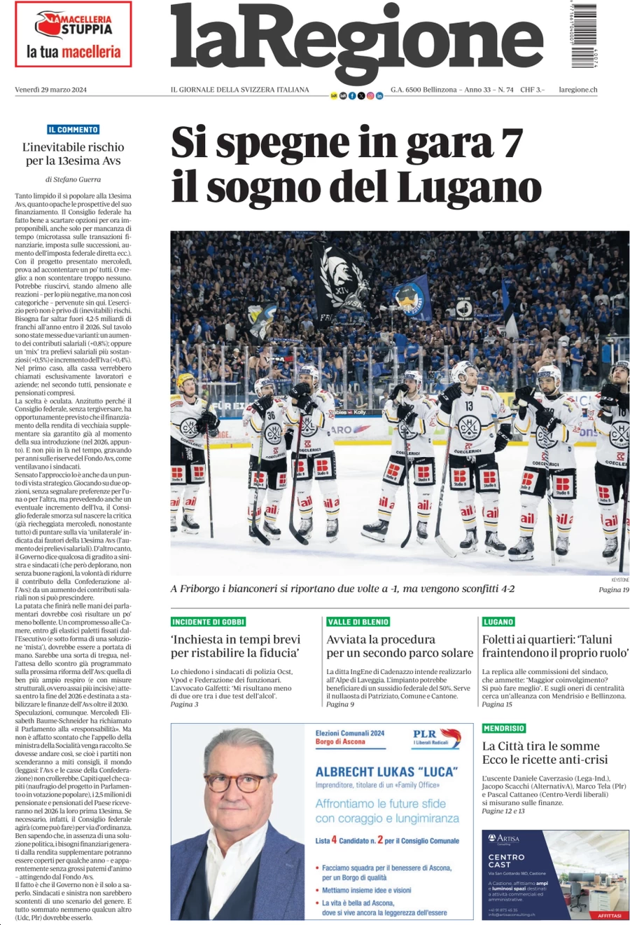 anteprima della prima pagina di la-regione del 29/03/2024