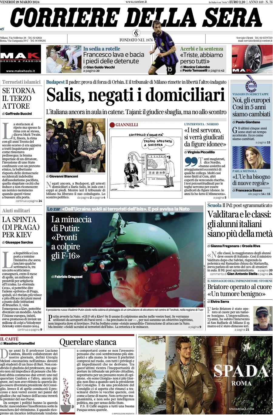 anteprima della prima pagina di corriere-della-sera del 29/03/2024