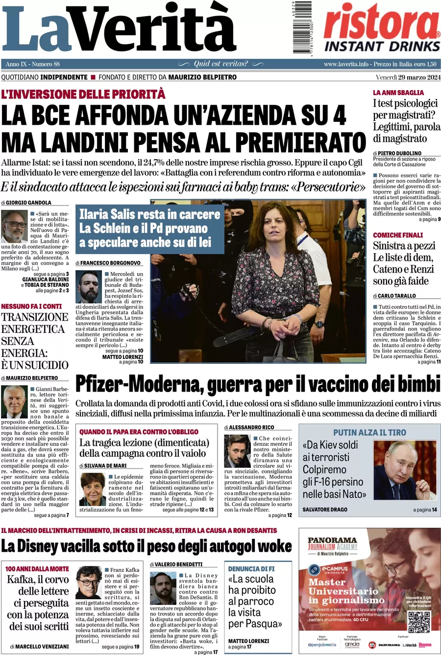 anteprima della prima pagina di la-verit del 29/03/2024