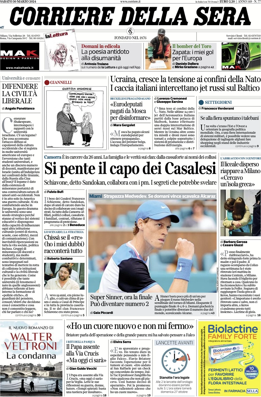 anteprima della prima pagina di corriere-della-sera del 30/03/2024