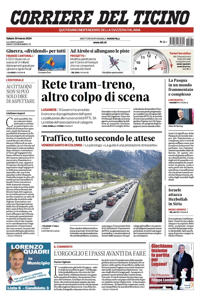 anteprima della prima pagina di corriere-del-ticino del 30/03/2024