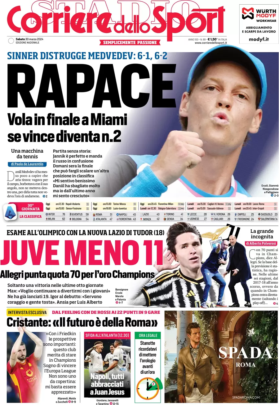 anteprima della prima pagina di corriere-dello-sport del 30/03/2024