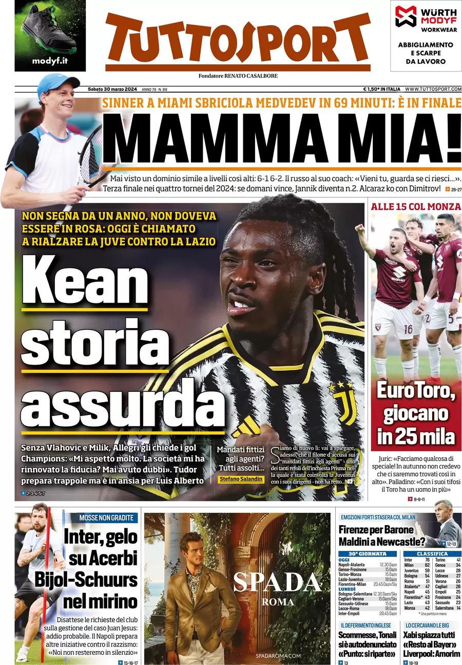 anteprima della prima pagina di tuttosport del 30/03/2024