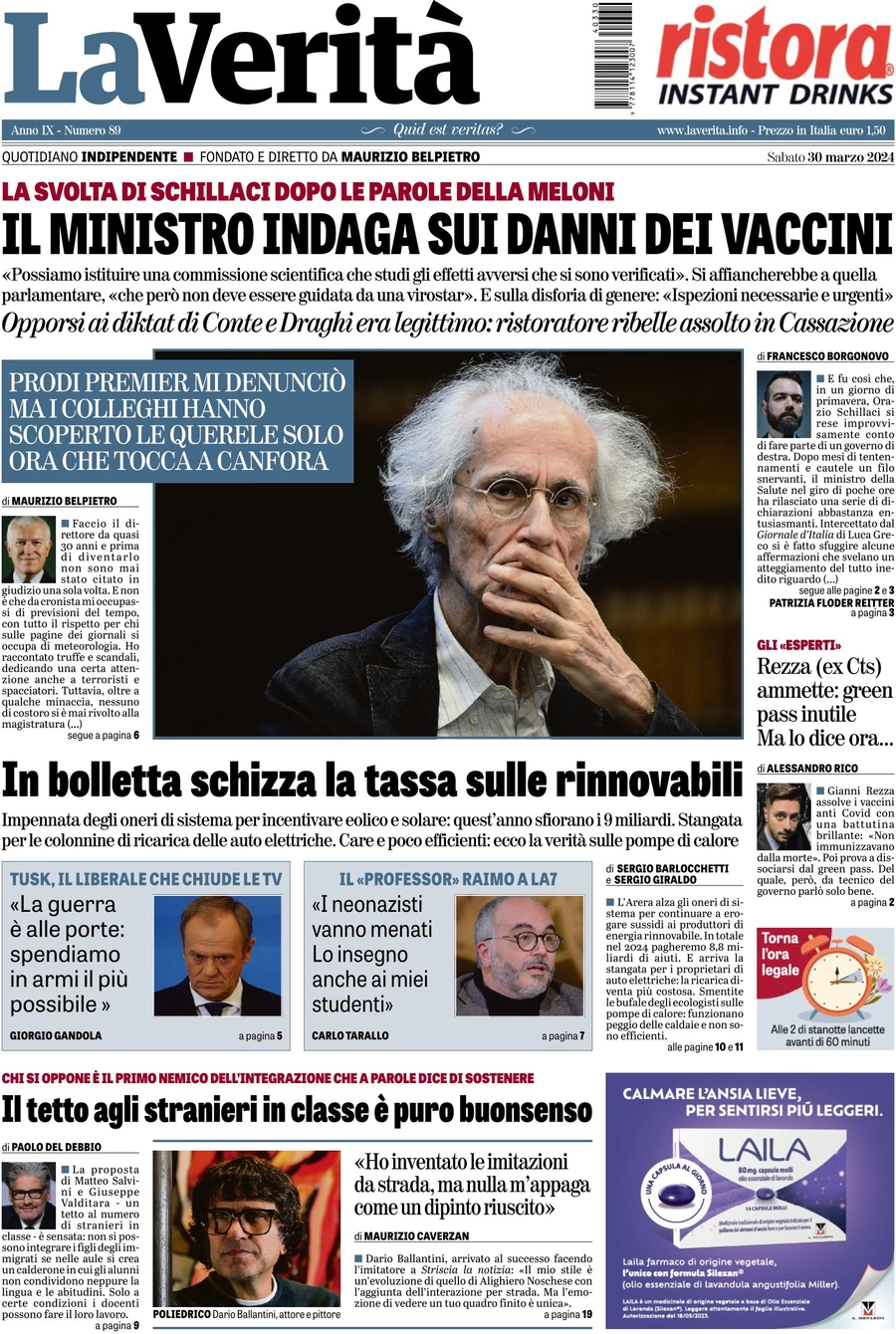 anteprima della prima pagina di la-verit del 30/03/2024