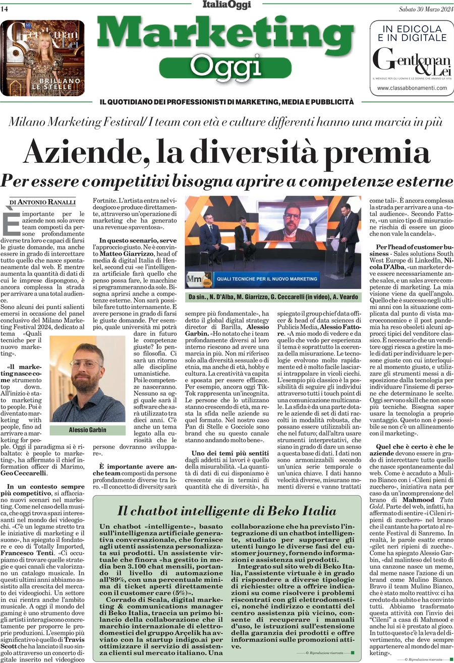 anteprima della prima pagina di marketing-oggi del 30/03/2024
