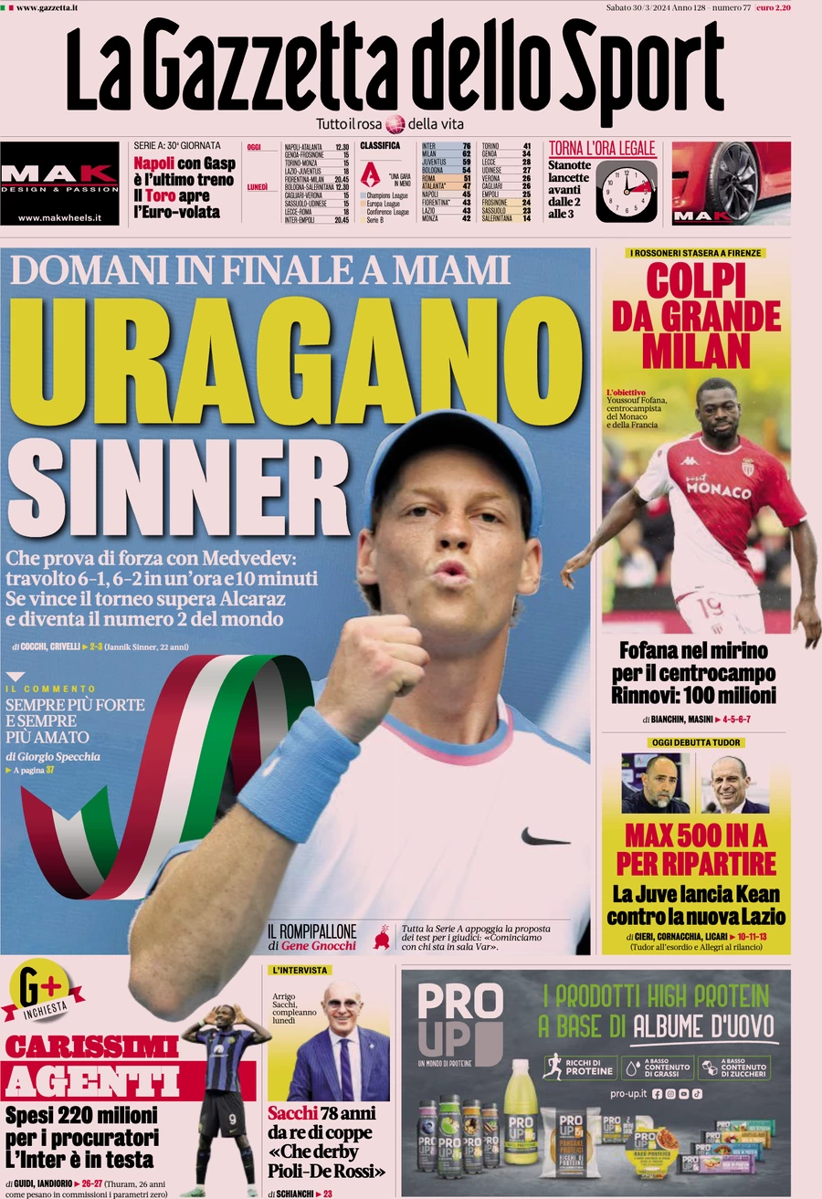 anteprima della prima pagina di la-gazzetta-dello-sport del 30/03/2024