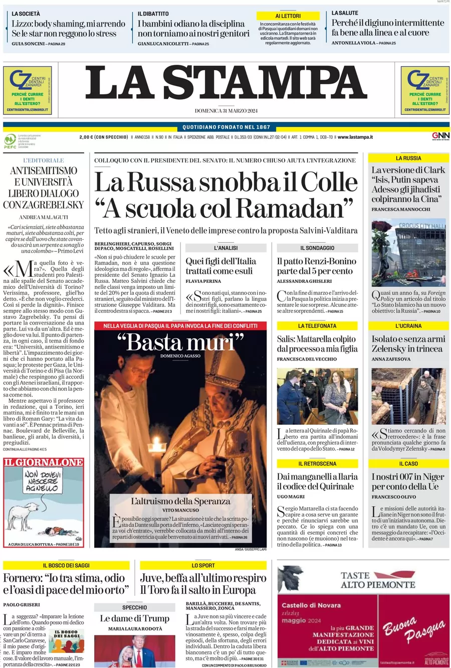 anteprima della prima pagina di la-stampa del 31/03/2024