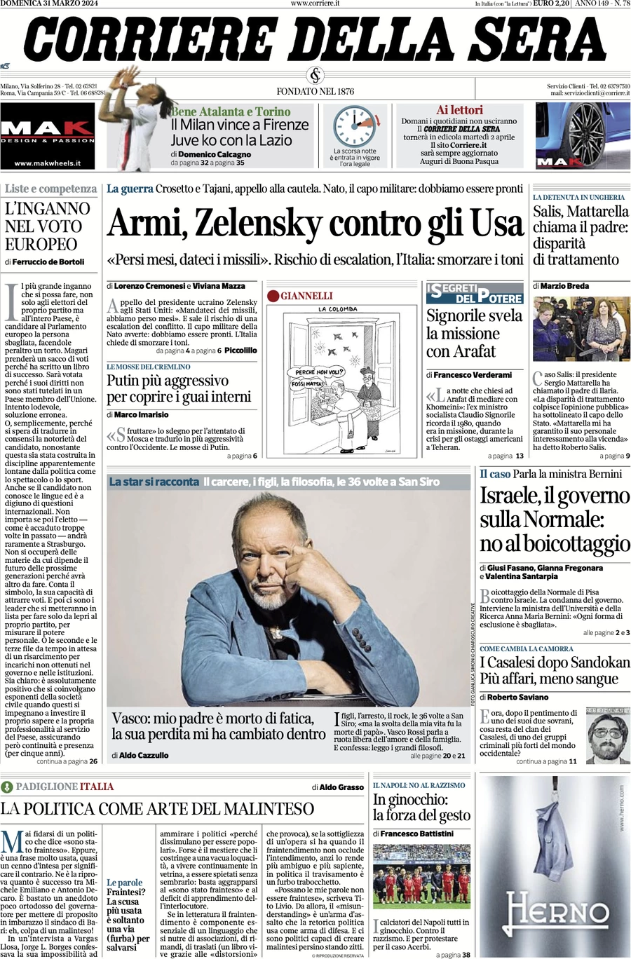 anteprima della prima pagina di corriere-della-sera del 31/03/2024