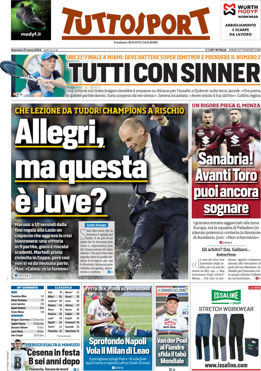 anteprima della prima pagina di tuttosport del 31/03/2024