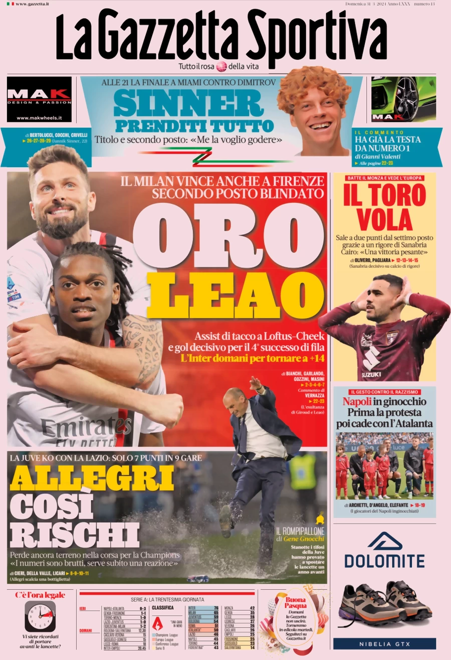 anteprima della prima pagina di la-gazzetta-dello-sport del 31/03/2024