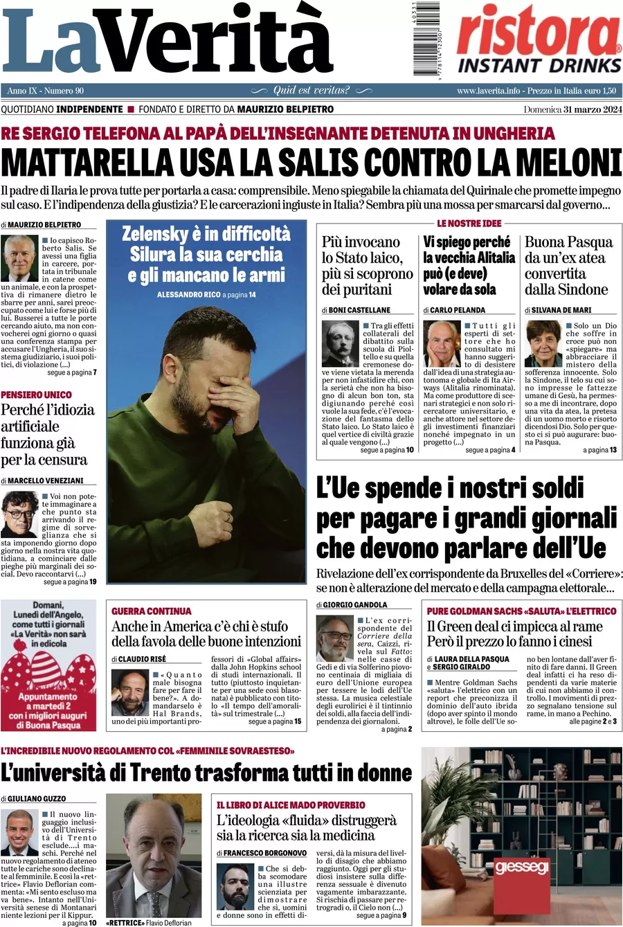 anteprima della prima pagina di la-verit del 31/03/2024