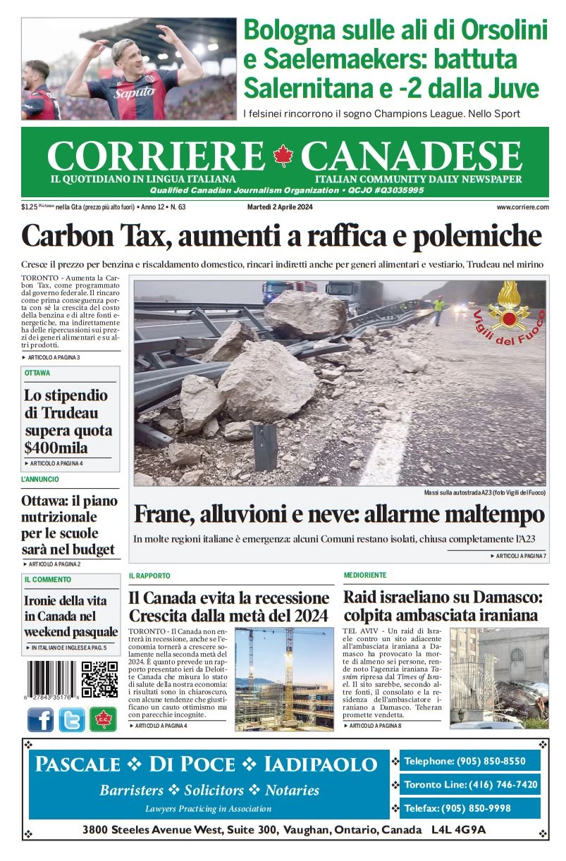 anteprima della prima pagina di corriere-canadese del 02/04/2024