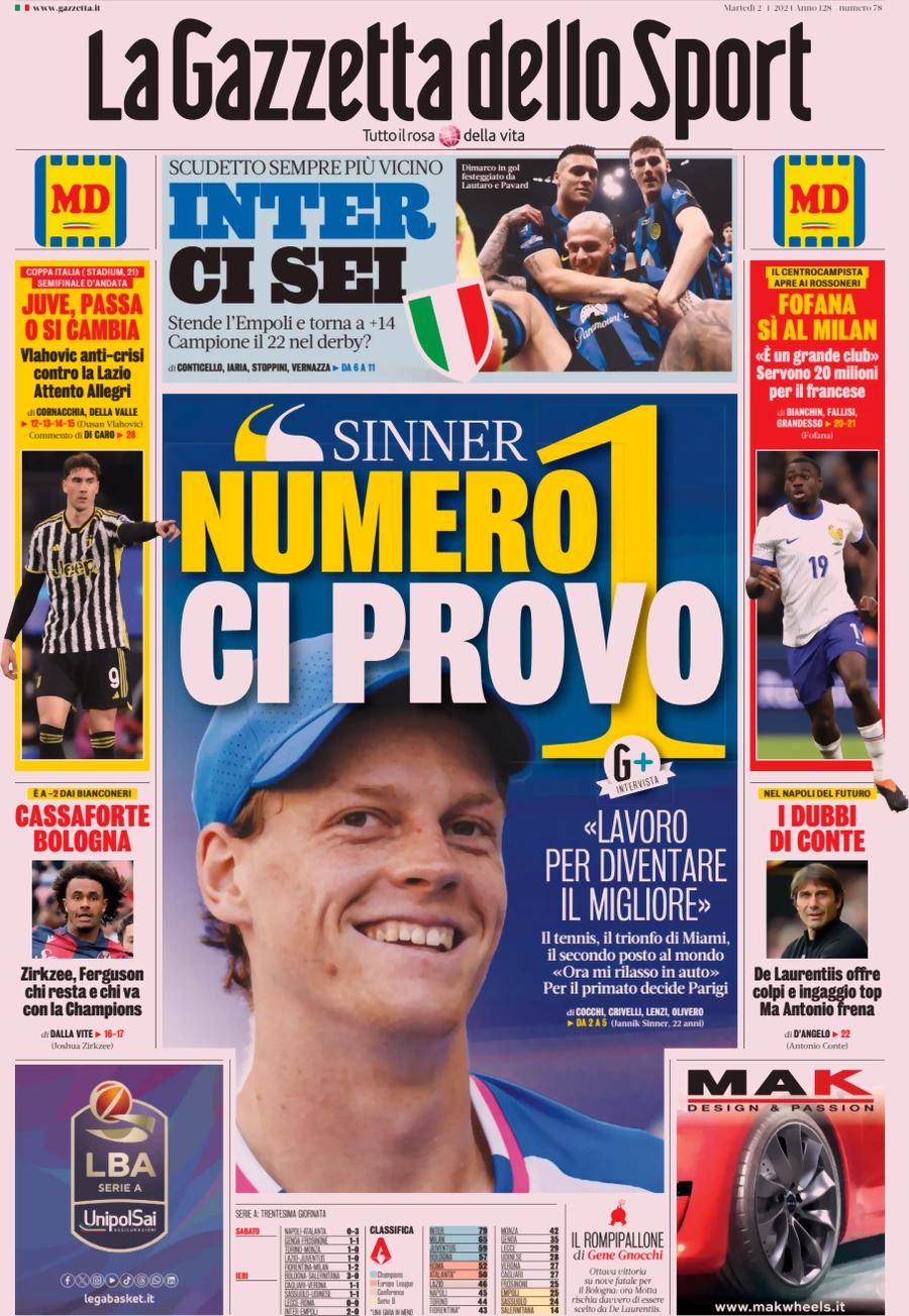 anteprima della prima pagina di la-gazzetta-dello-sport del 02/04/2024