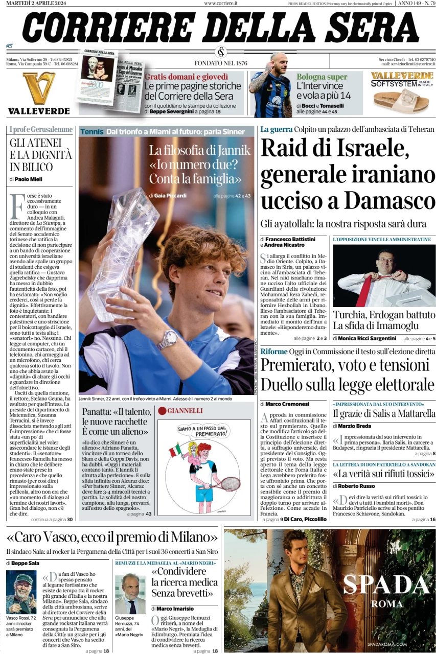 anteprima della prima pagina di corriere-della-sera del 02/04/2024