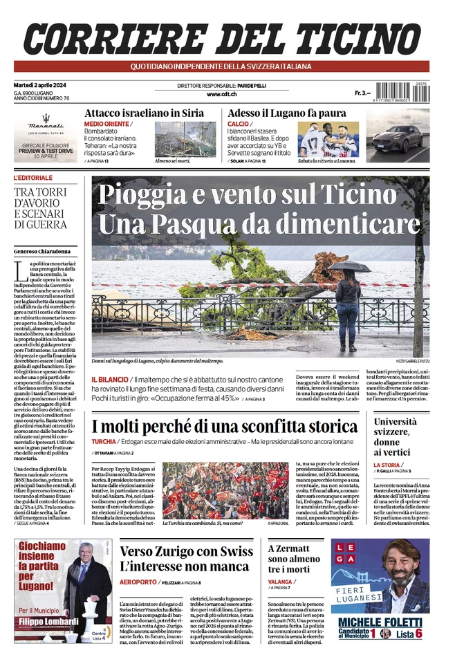 anteprima della prima pagina di corriere-del-ticino del 02/04/2024