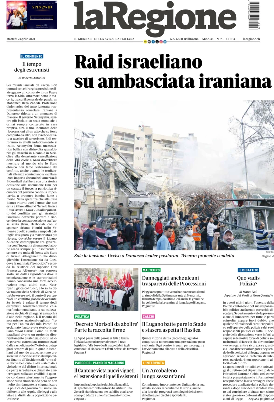 anteprima della prima pagina di la-regione del 02/04/2024