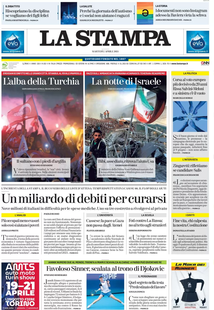 anteprima della prima pagina di la-stampa del 02/04/2024