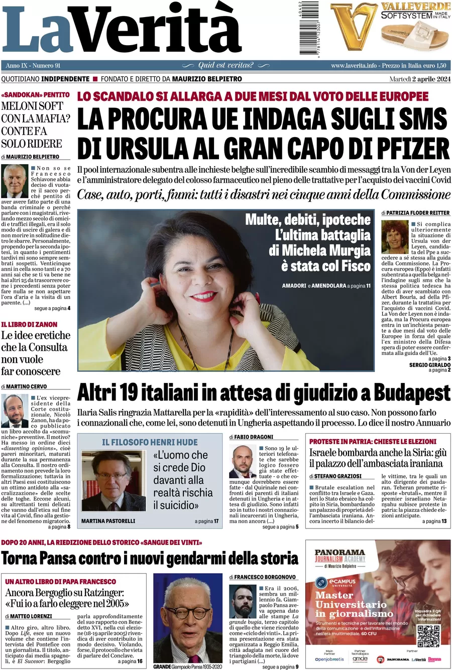 anteprima della prima pagina di la-verit del 02/04/2024