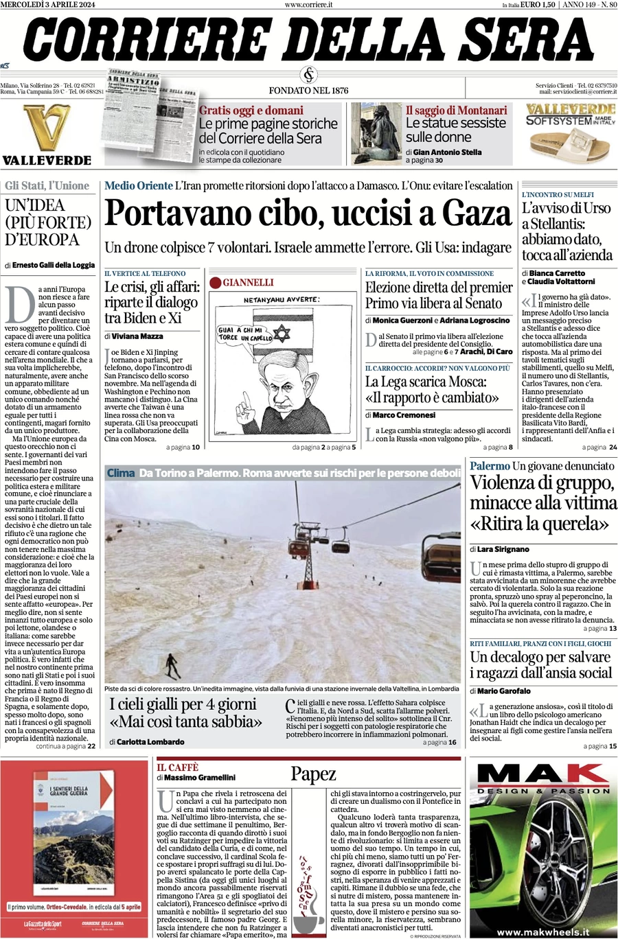 anteprima della prima pagina di corriere-della-sera del 03/04/2024