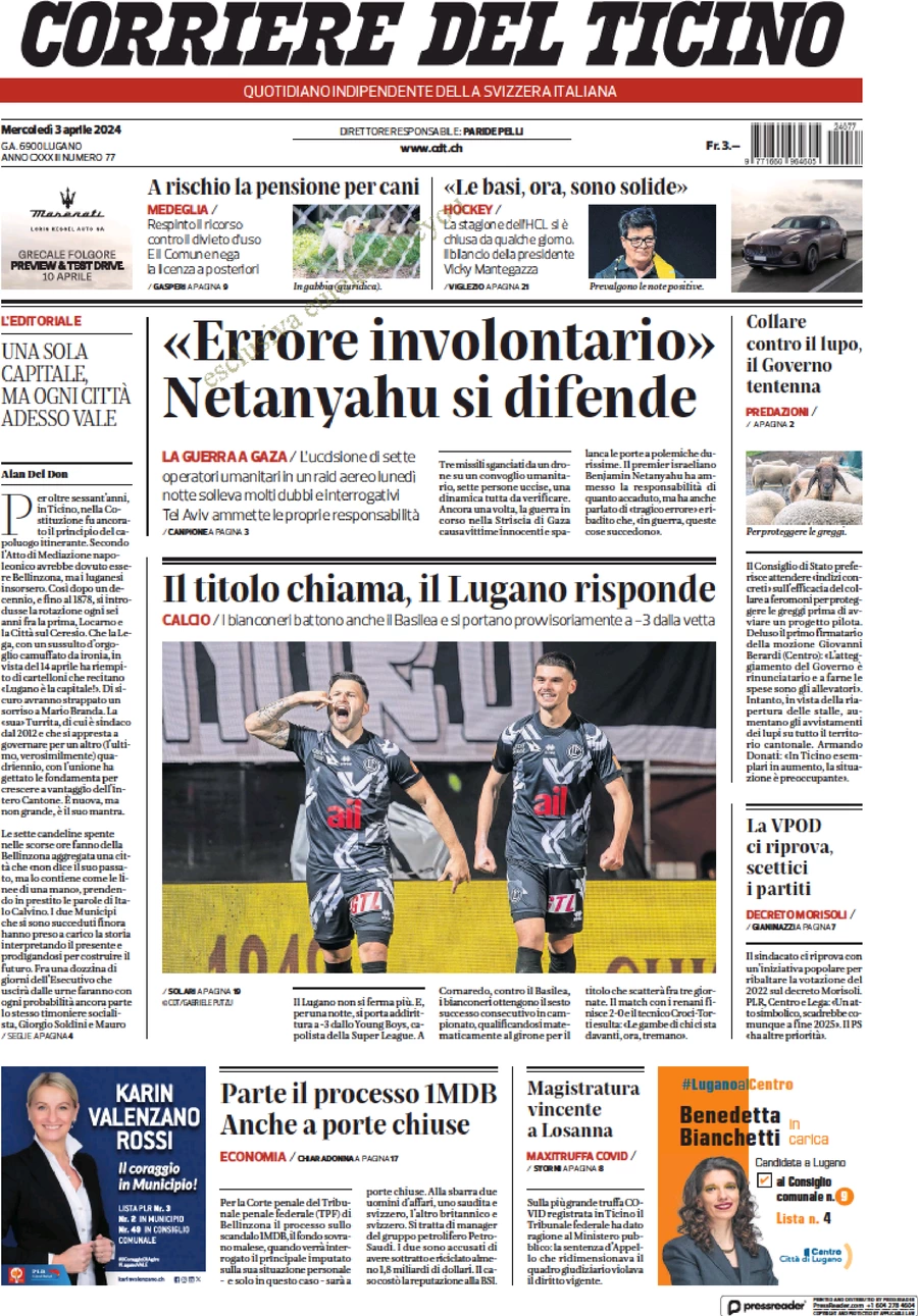 anteprima della prima pagina di corriere-del-ticino del 03/04/2024