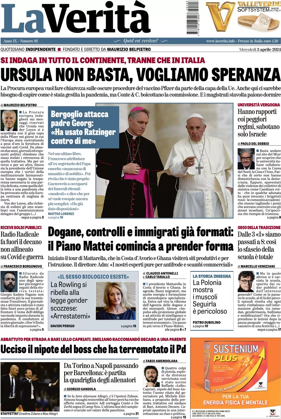 anteprima della prima pagina di la-verit del 03/04/2024