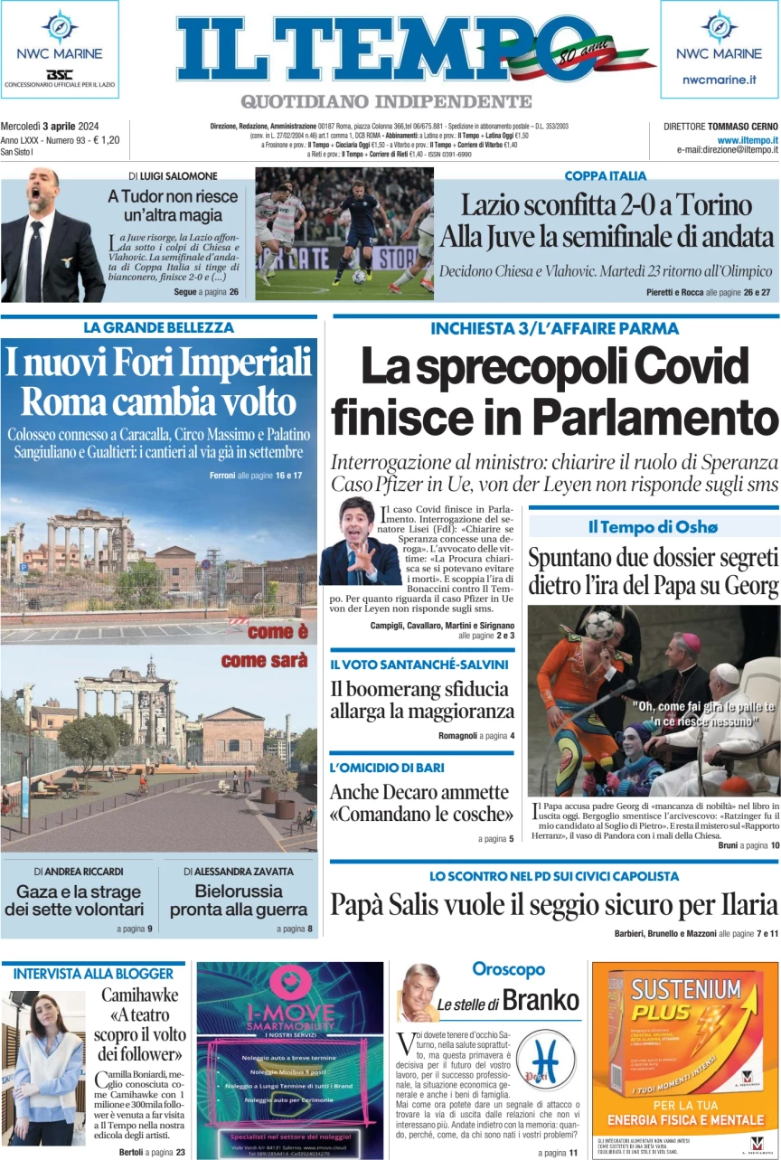 anteprima della prima pagina di il-tempo del 03/04/2024