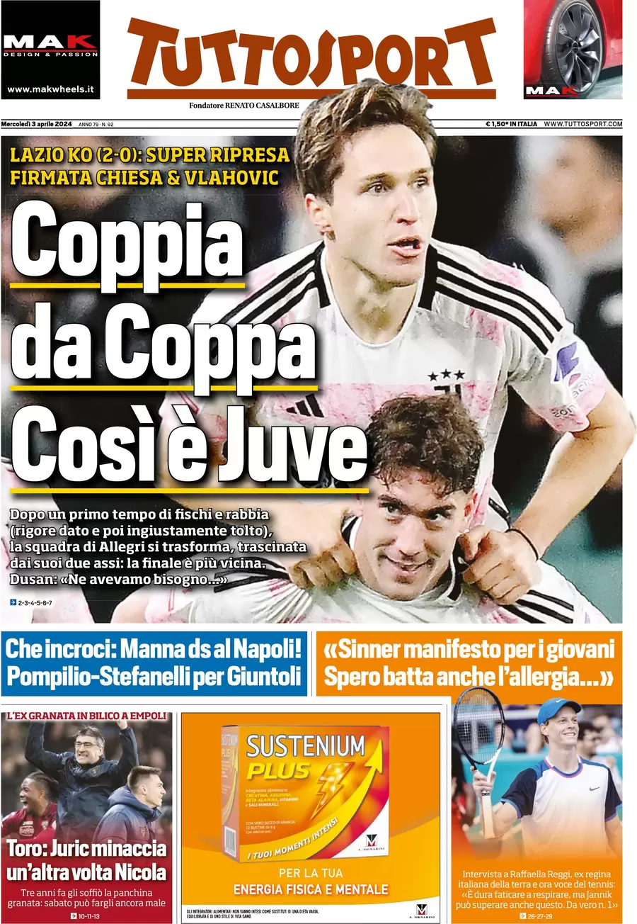 anteprima della prima pagina di tuttosport del 03/04/2024