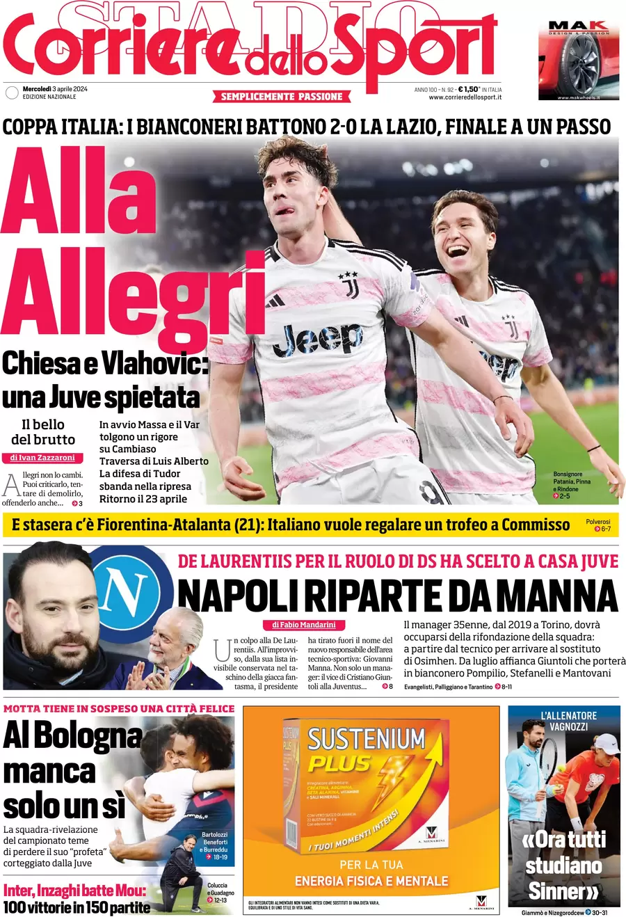 anteprima della prima pagina di corriere-dello-sport del 03/04/2024