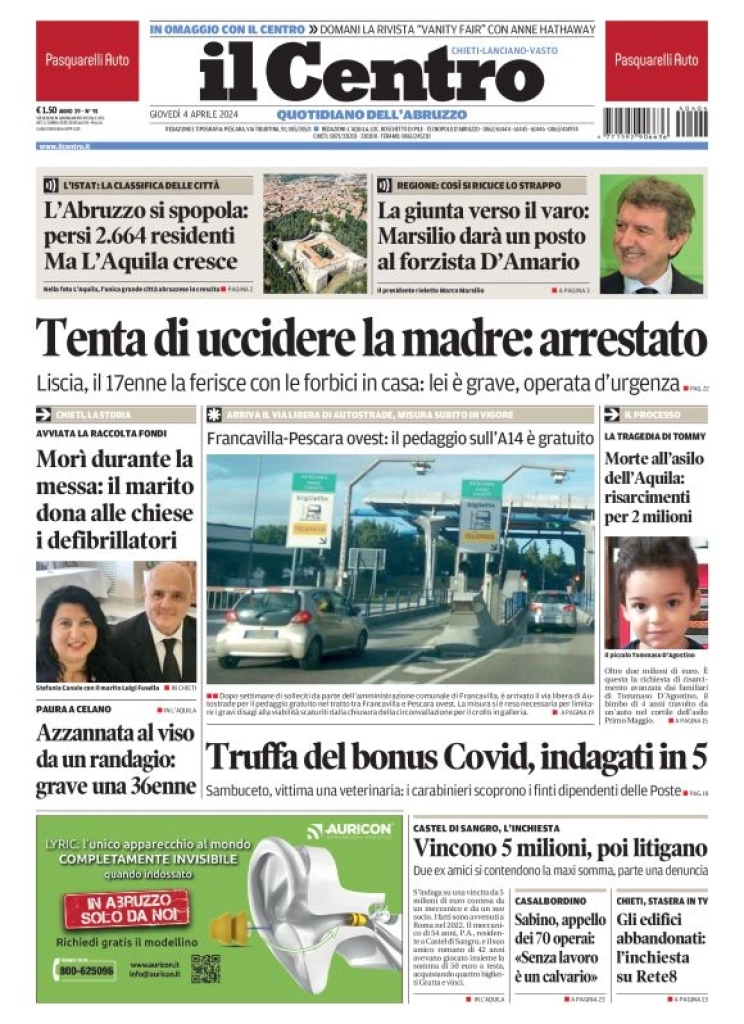 anteprima della prima pagina di il-centro-chieti del 04/04/2024