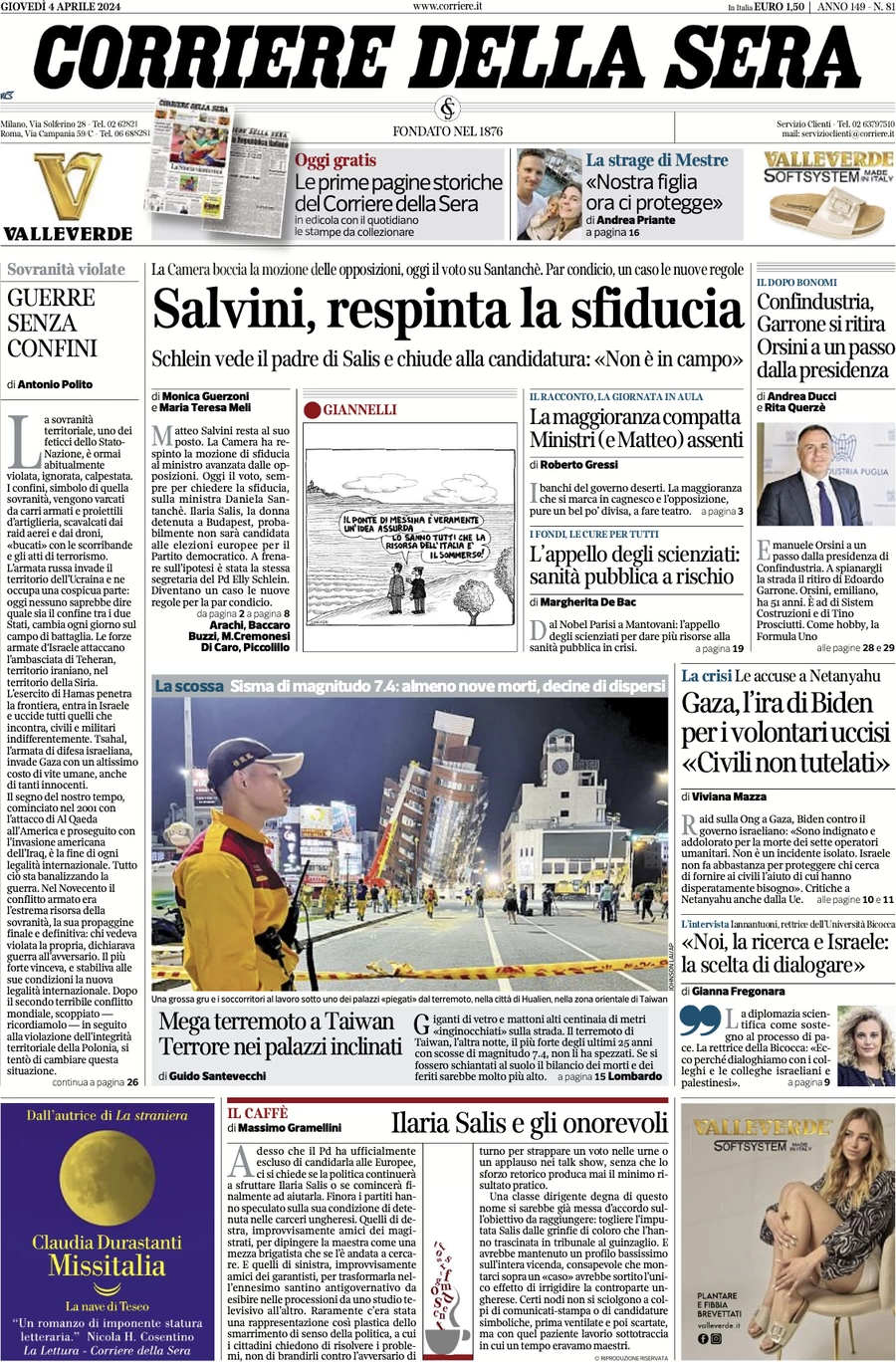 anteprima della prima pagina di corriere-della-sera del 04/04/2024