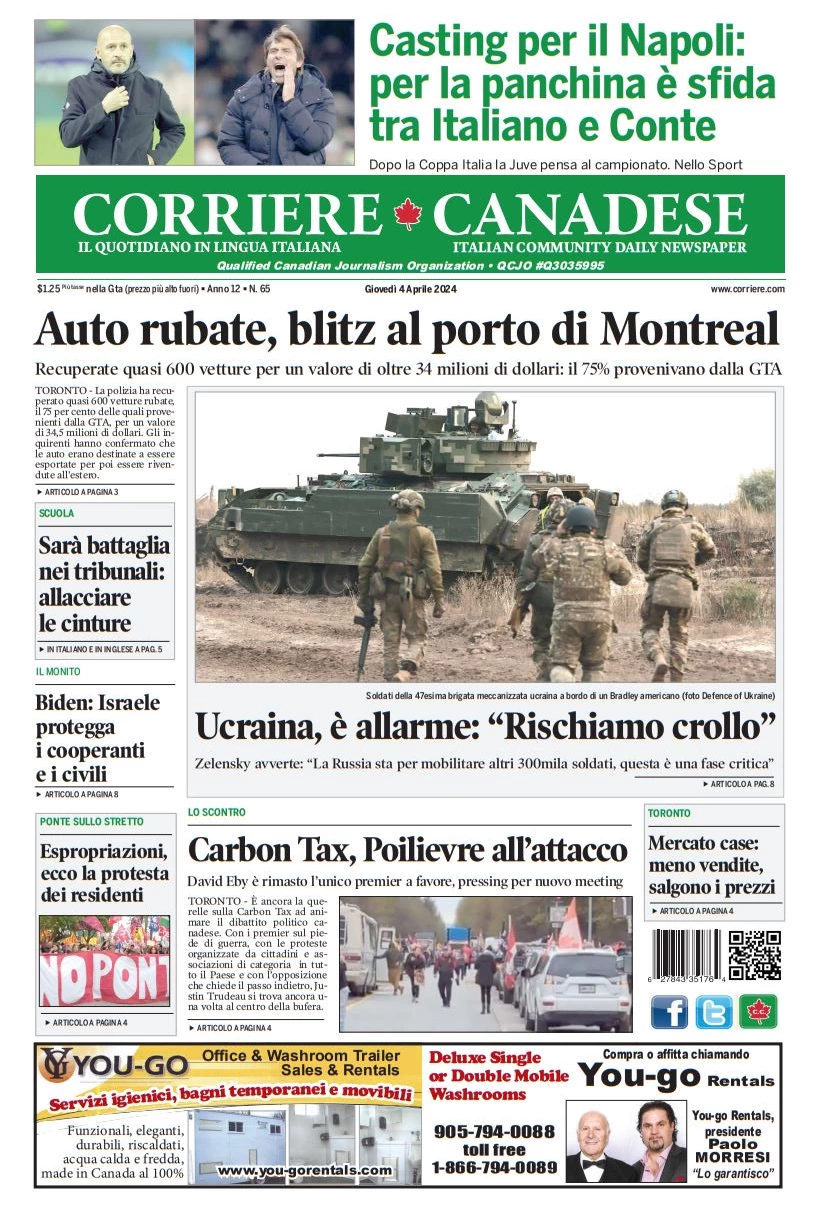 anteprima della prima pagina di corriere-canadese del 04/04/2024