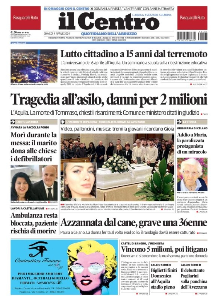 anteprima della prima pagina di il-centro-laquila del 04/04/2024