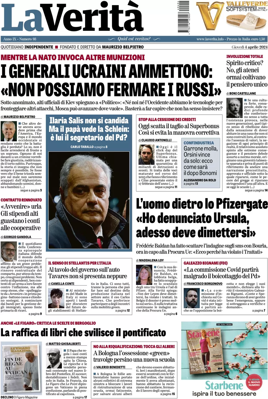 anteprima della prima pagina di la-verit del 04/04/2024