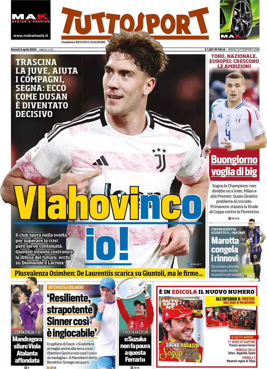 anteprima della prima pagina di tuttosport del 04/04/2024