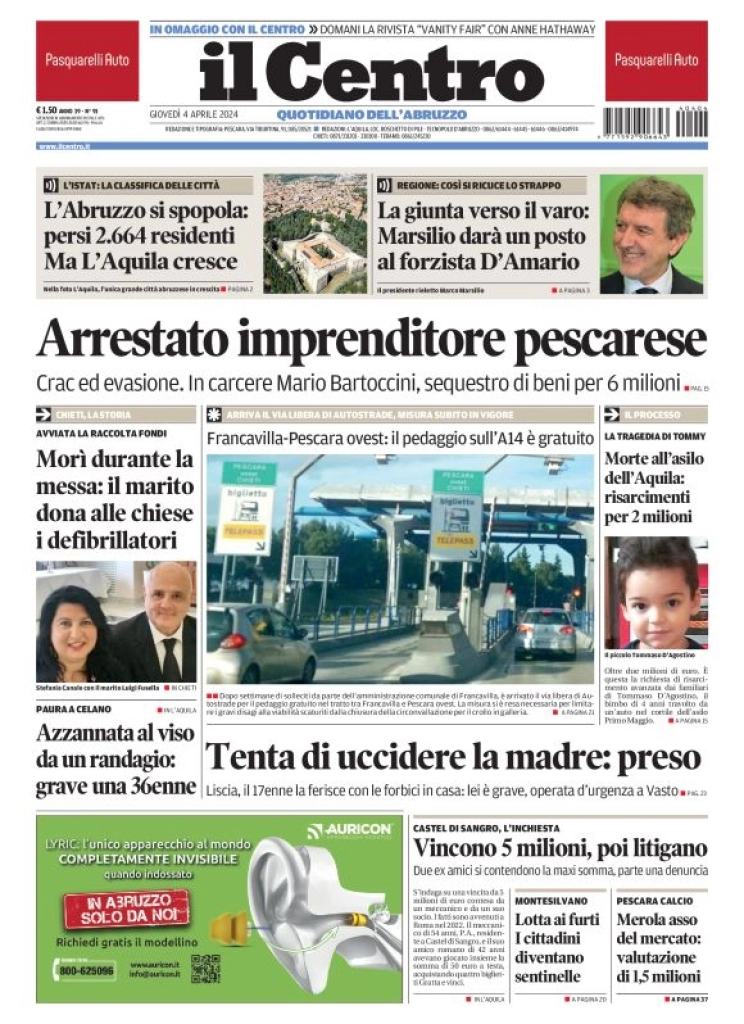 anteprima della prima pagina di il-centro-pescara del 04/04/2024