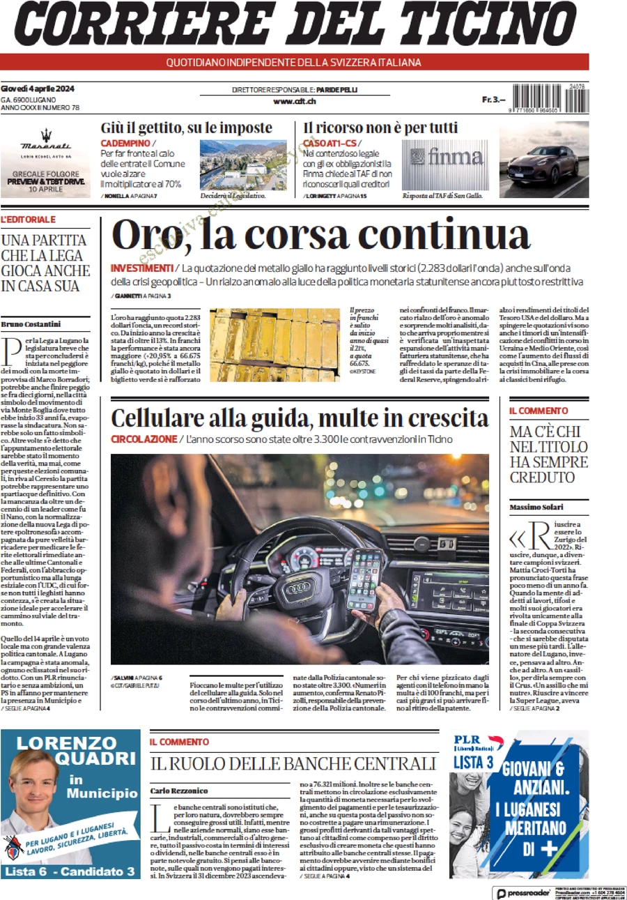 anteprima della prima pagina di corriere-del-ticino del 04/04/2024