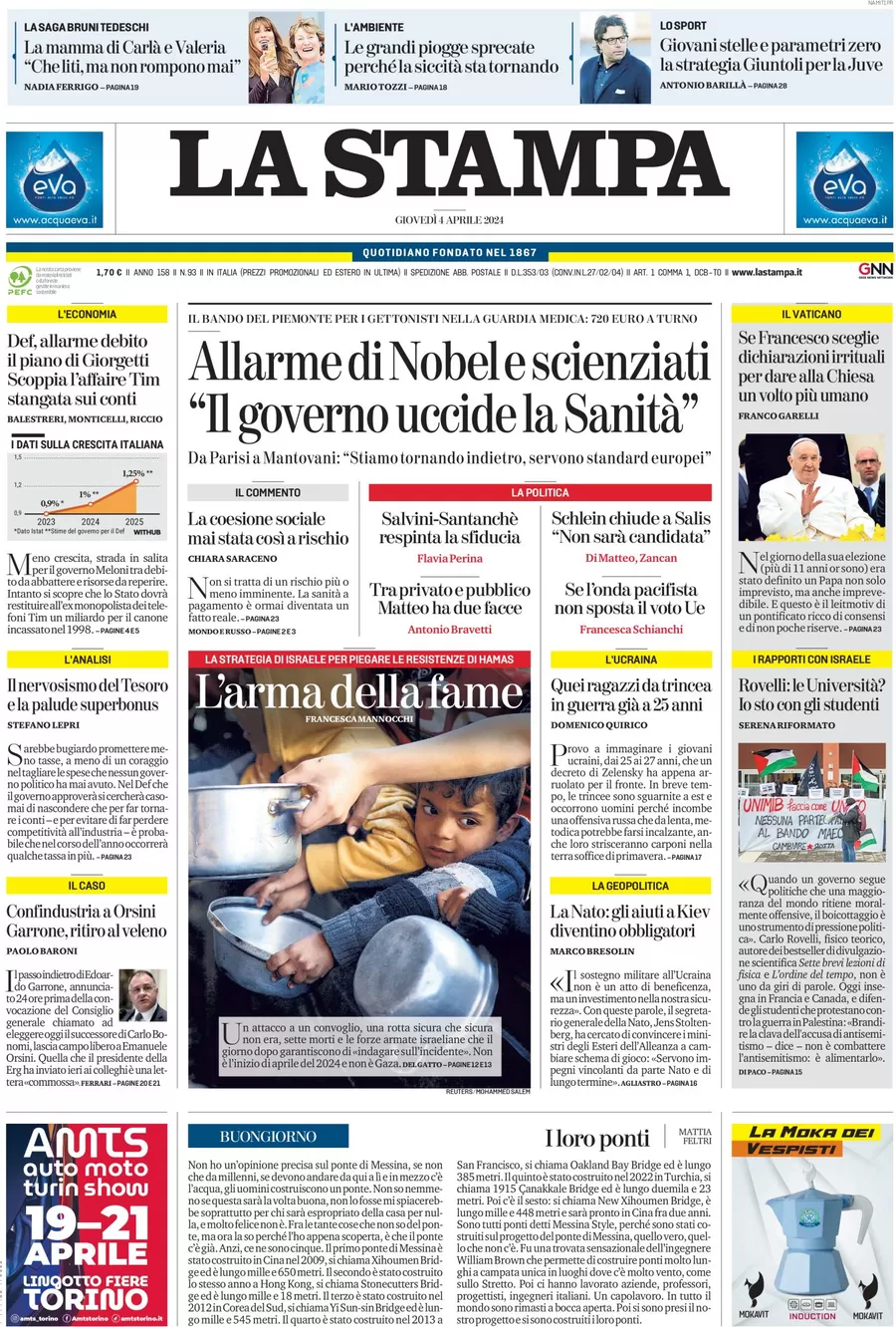 anteprima della prima pagina di la-stampa del 04/04/2024