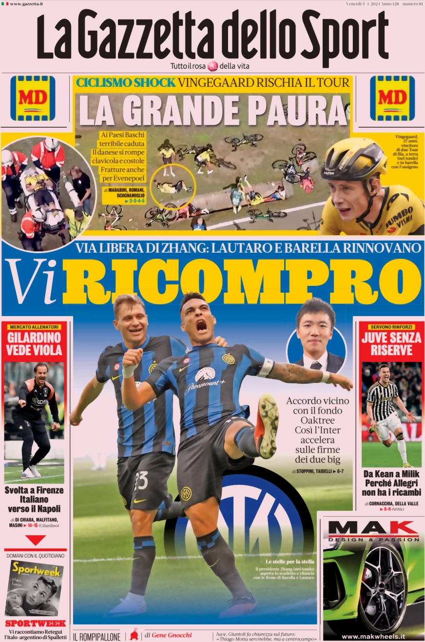 anteprima della prima pagina di la-gazzetta-dello-sport del 05/04/2024