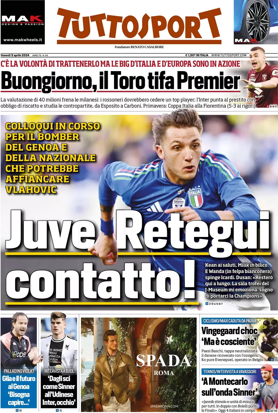 anteprima della prima pagina di tuttosport del 05/04/2024