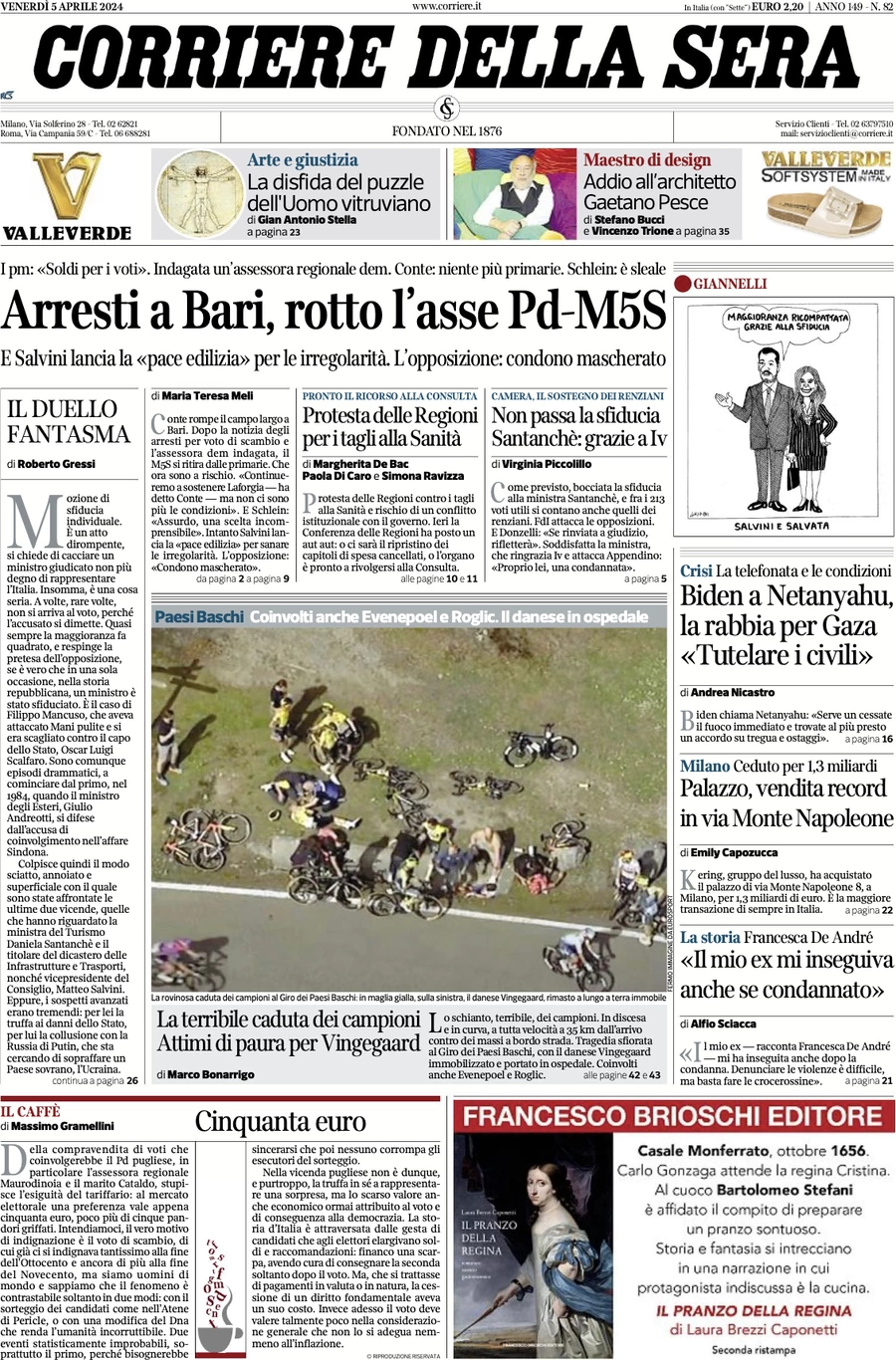 anteprima della prima pagina di corriere-della-sera del 05/04/2024