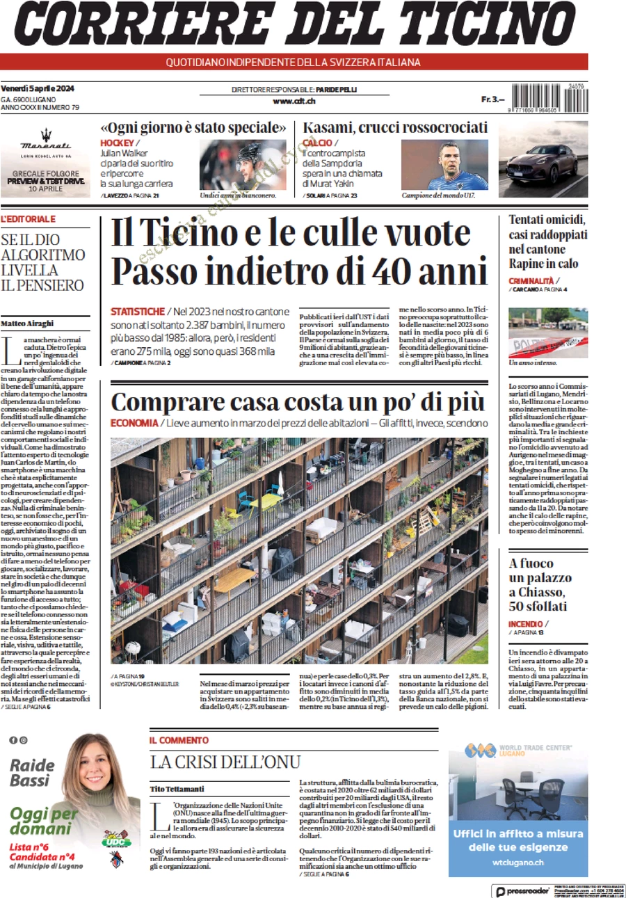 anteprima della prima pagina di corriere-del-ticino del 05/04/2024