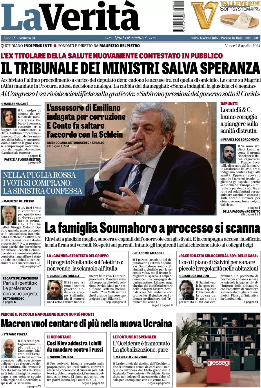 anteprima della prima pagina di la-verit del 05/04/2024