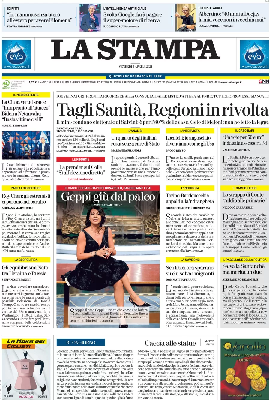 anteprima della prima pagina di la-stampa del 05/04/2024