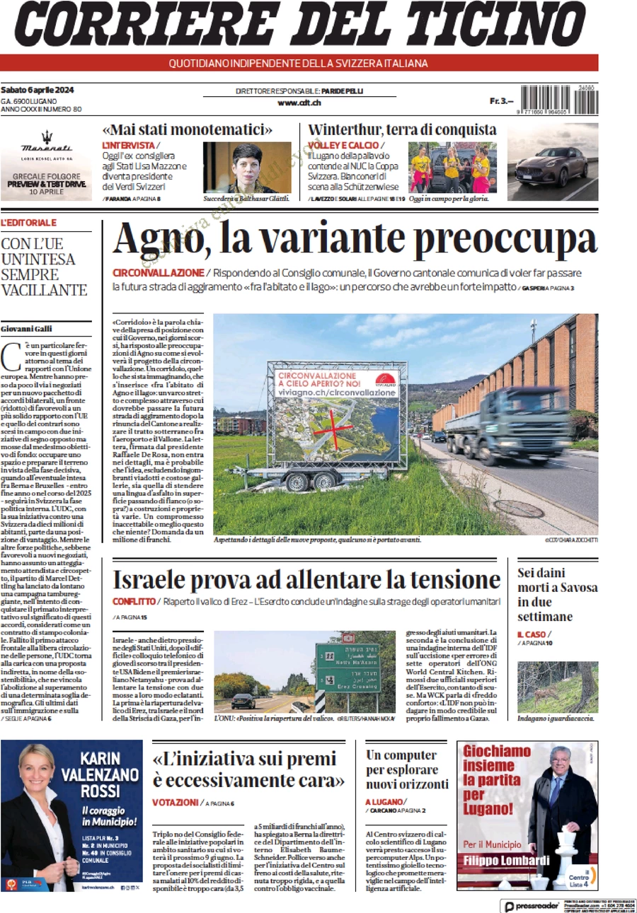 anteprima della prima pagina di corriere-del-ticino del 06/04/2024