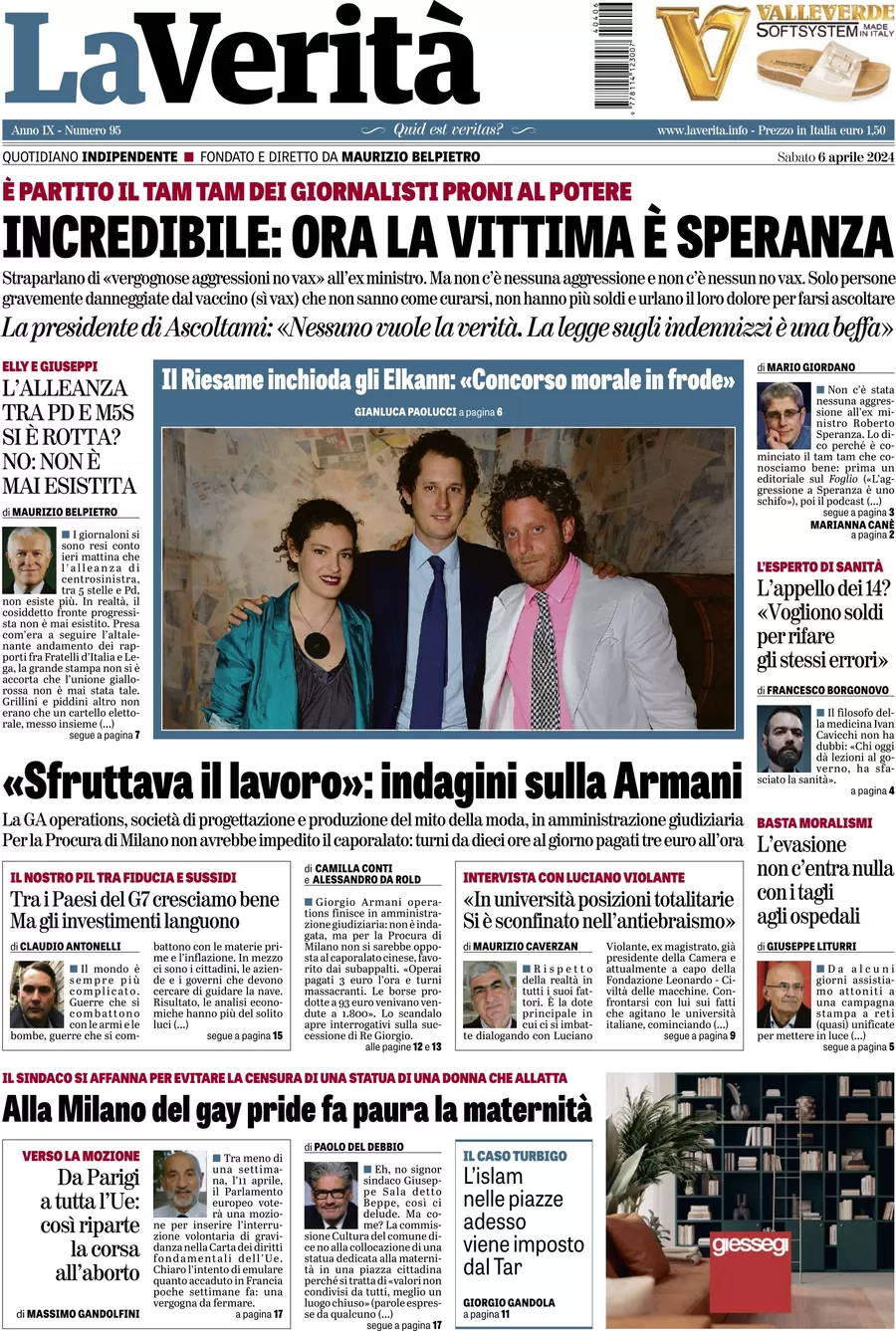 anteprima della prima pagina di la-verit del 06/04/2024