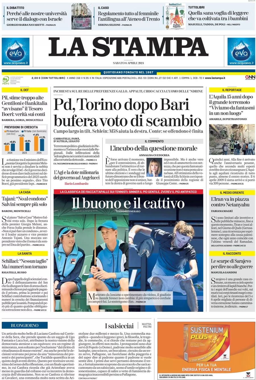 anteprima della prima pagina di la-stampa del 06/04/2024