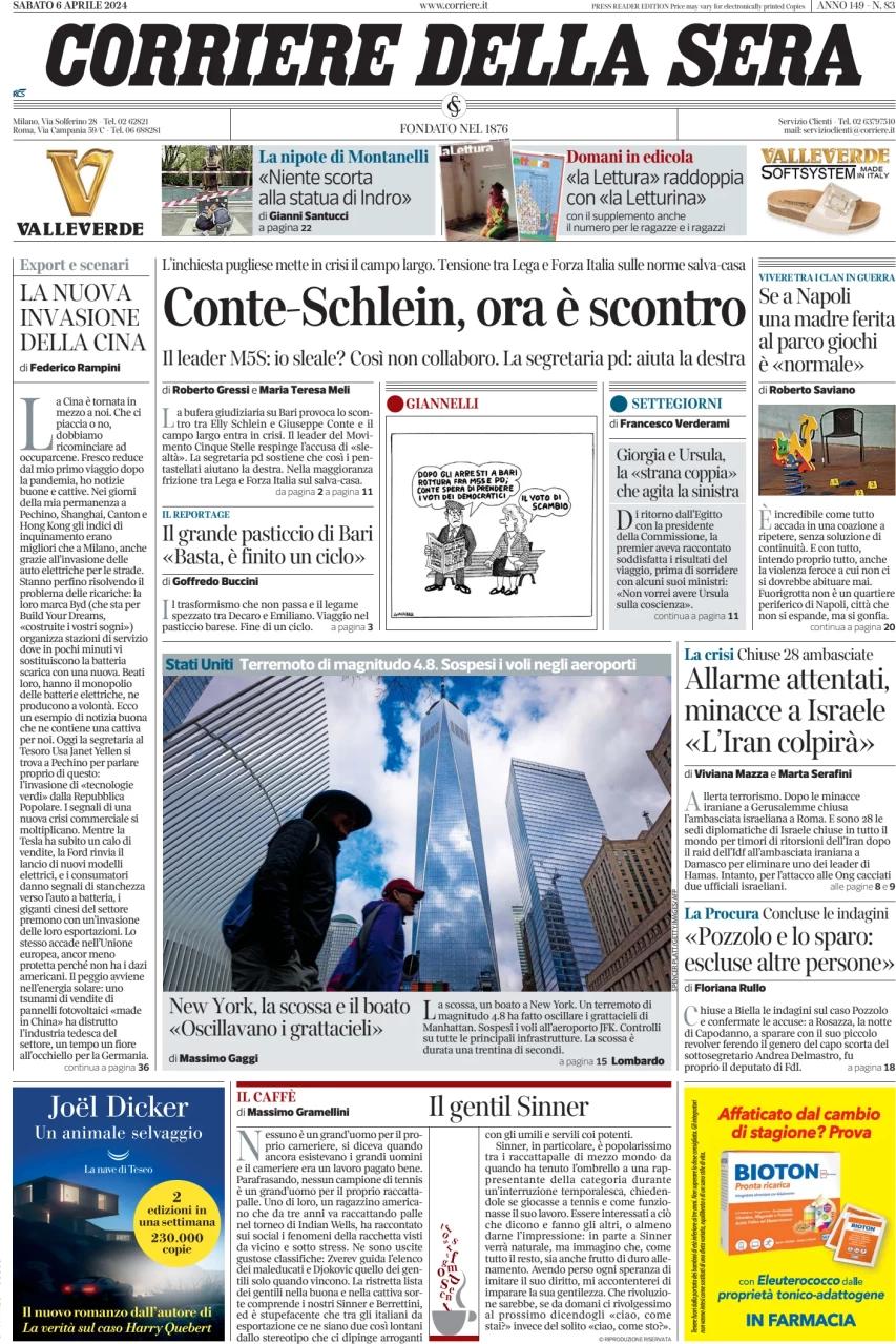 anteprima della prima pagina di corriere-della-sera del 06/04/2024