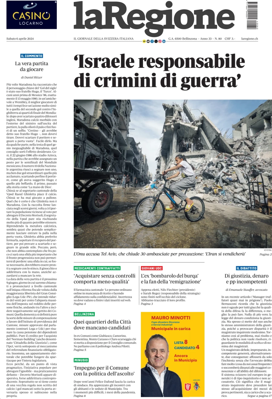 anteprima della prima pagina di la-regione del 06/04/2024